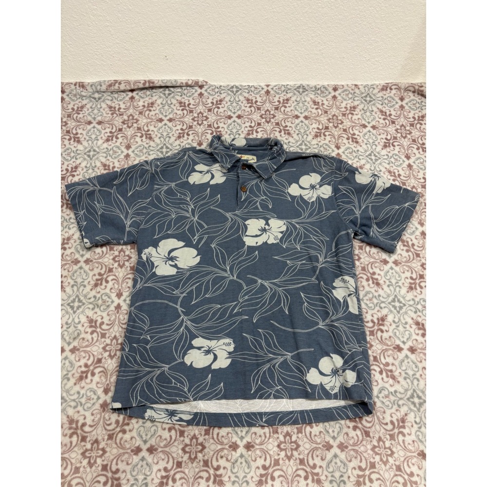 Crazy Shirts Hawaiian Polo Mens Large Blue Floral Hibiscus 100% Cotton Short Slv